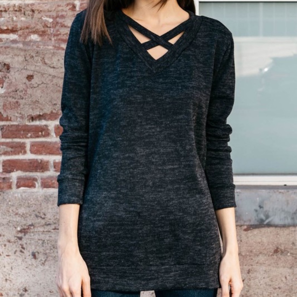 NWT Dark Heathered Knit Top w/ Stylish Neckline
